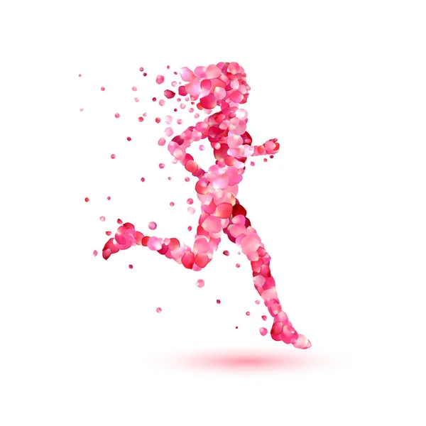 Silhouette eines rennenden Mädchens aus Rosenblättern. weibliche Rasse Emblem — Stockvektor