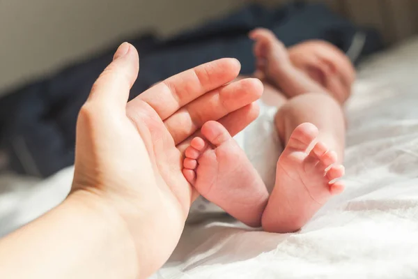 Bebé Recién Nacido Pies Pequeños Cerca Mano Madre —  Fotos de Stock