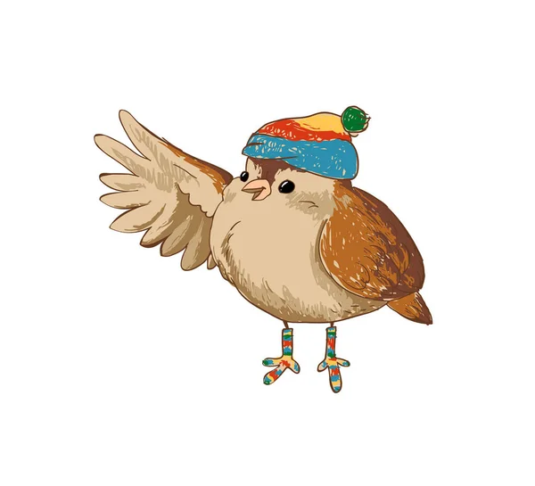 Sparrow in een hoed en sokken — Stockvector