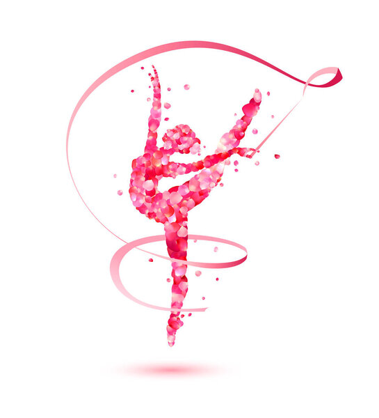 Rhythmic gymnastics girl with ribbon. Vector silhouette of pink rose petals