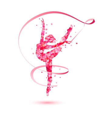 Rhythmic gymnastics girl with ribbon of pink rose petals clipart