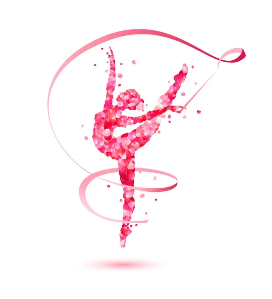 Chica gimnasia rítmica con cinta de pétalos de rosa — Vector de stock