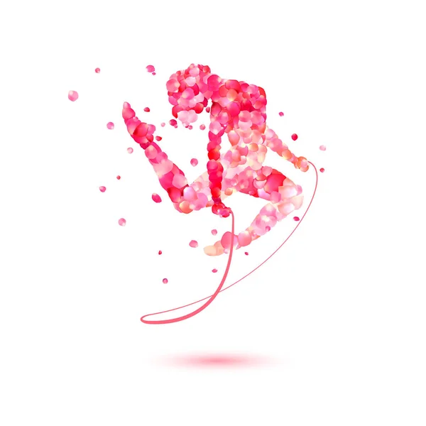 Дівчина з художньої гімнастики зі стрибками з пелюсток рожевої троянди — стоковий вектор