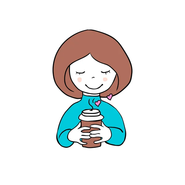 Mädchen mit Kaffee. Doodle-Illustration — Stockvektor