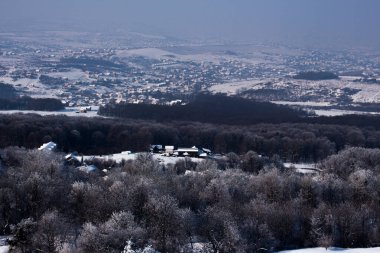 Romanya 'nın Iasi kentinde kar ve ormanla kaplı köylerin manzarası