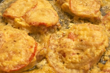 Arka plan doku etli domates ve peynir pişmiş, yakın çekim