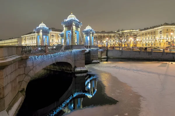 Nacht Verlichting Van Lomonosov Brug Fontanka Rivier Winters Aanblik — Stockfoto