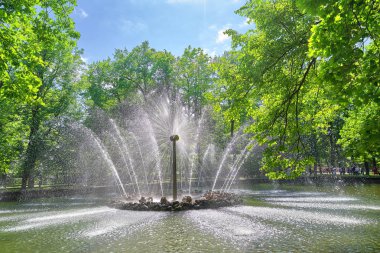 Güneş Çeşmesi. Peterhof Sarayı ve Parkı topluluğu içinde. Parkta gür yeşil yapraklar karşı