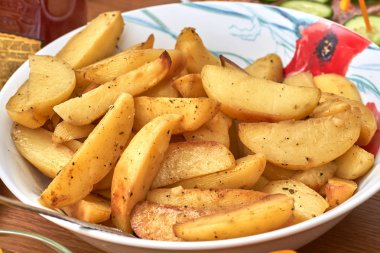 Fırında patates kızartması. Plaka Idaho sıcak fiş