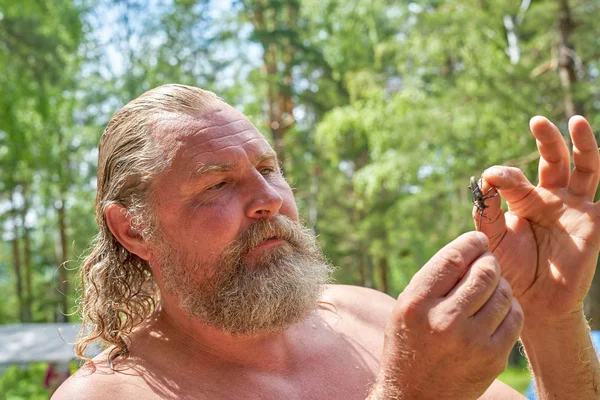 Viejo barbudo sosteniendo un gran insecto en sus manos, de cerca — Foto de Stock