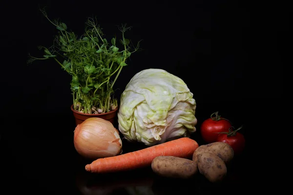 Vegetable Still Life Black Background Cabbage Potatoes Onion Sprouted Peas — Stock Photo, Image