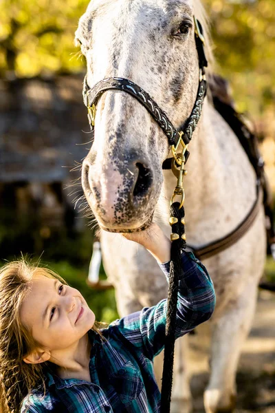 若い少女と馬の美しい秋の紅葉シーズン — ストック写真