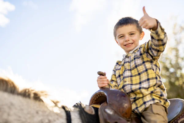 In een prachtig herfst seizoen van een jonge jongen en het paard — Stockfoto