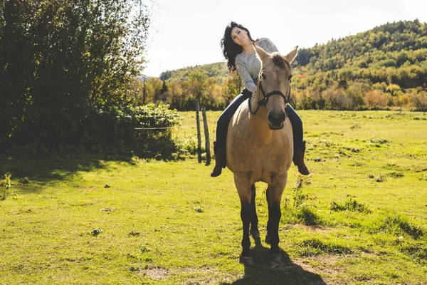 Um retrato de jovem mulher bonita com cavalo marrom ao ar livre — Fotografia de Stock