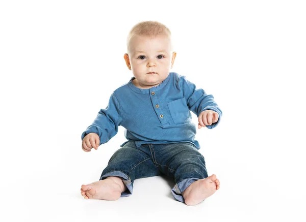 Cute cheerful crawling baby boy isolated on white background — Stock Photo, Image