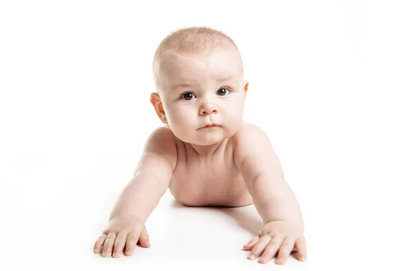Младенец маленький мальчик голый в подгузнике смотрит на камеру на белом фоне — стоковое фото