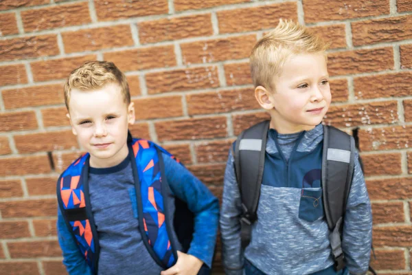 Een terug naar school. Twee gelukkig jongetje met rugzak — Stockfoto