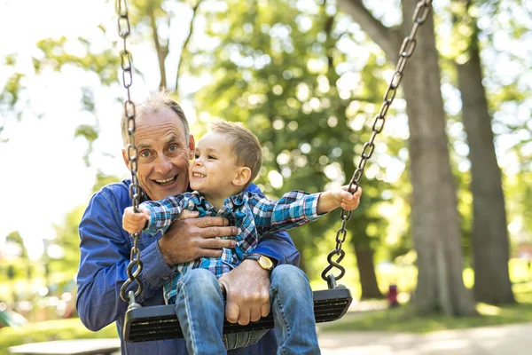 Großvater schubst seinen Enkel auf der Seilschaukel — Stockfoto