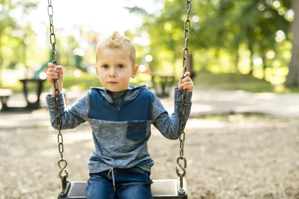 Porträt eines fröhlich lächelnden kleinen Jungen auf der Schaukel — Stockfoto