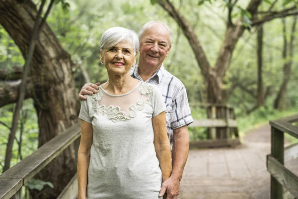 Happy old elderly caucasian couple in a park — Stock Photo, Image