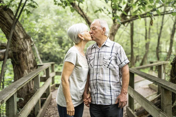 Happy old elderly caucasian couple in a park — Stock Photo, Image