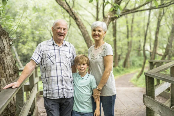Großeltern mit Enkelkind im Sommerwald haben viel Spaß — Stockfoto