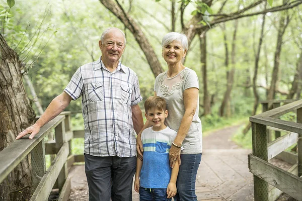 Grandparents with grandkid on summer forest having great time — Stock Photo, Image