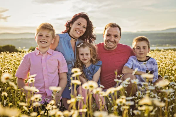 Lycklig familj att ha kul på daisy fältet vid solnedgången — Stockfoto