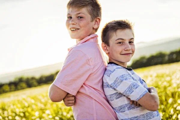 Portrait of two happy cheerful brothers at sunset, outdoor — Stock Photo, Image