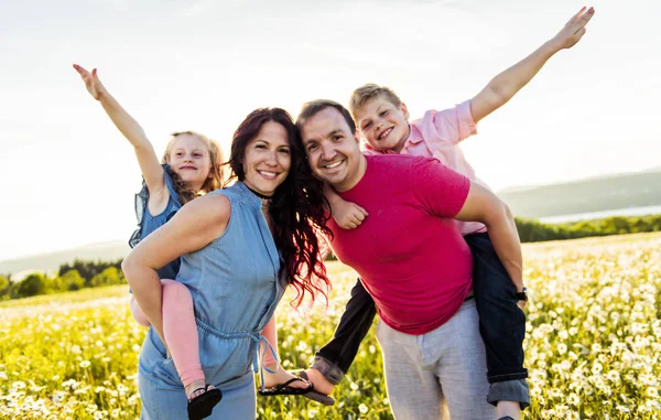 Happy family having fun on daisy field at sunset — Stock Photo, Image