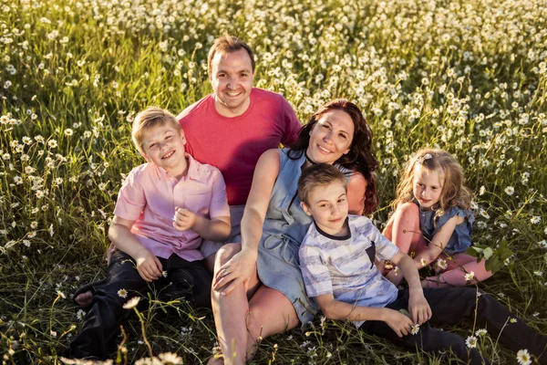 Mutlu aile eğleniyor daisy sahada günbatımında — Stok fotoğraf