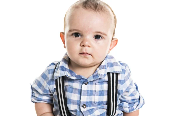 Lindo bebé chico con una mano sobre fondo blanco —  Fotos de Stock