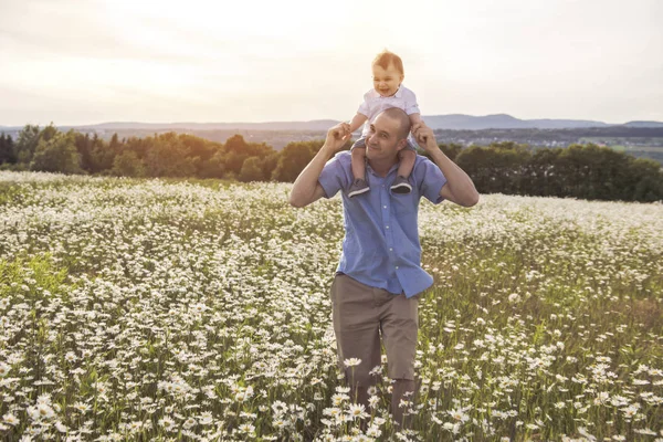 Liten pojke och hans far njuter utomhus i fält av daisy blommor — Stockfoto