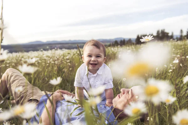 Liten pojke och hans far njuter utomhus i fält av daisy blommor — Stockfoto