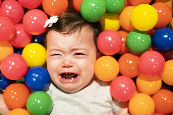 Portrait of a adorable infant on colorful balls dont have fun — Stock Photo, Image