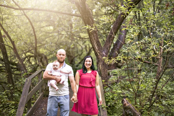 Baba Anne ve kız bebek yaz çayır Park — Stok fotoğraf