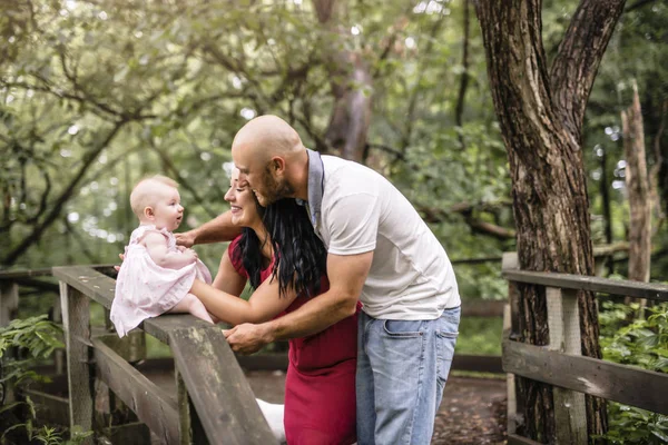 Father Mother and daughter baby in summer meadow park — Stock Photo, Image