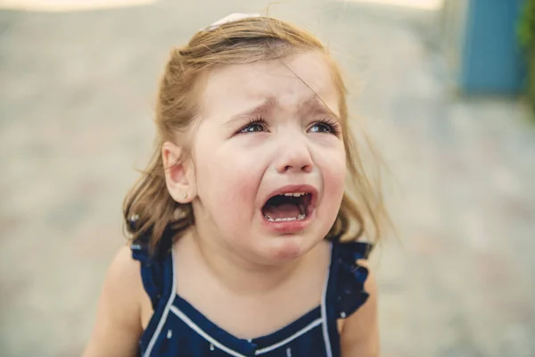 Close up portrait of crying little toddler girl with outdoors background. Child — Stock Photo, Image