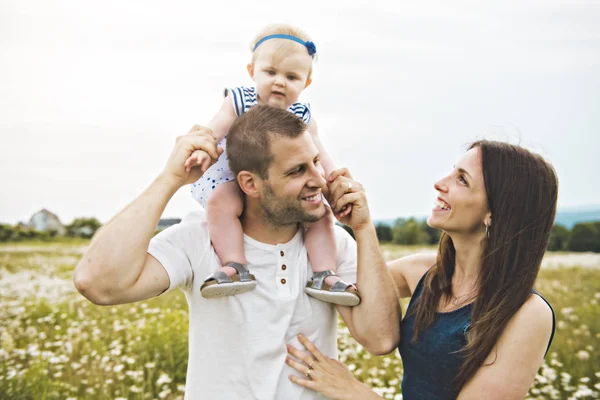 Littlegirl en zijn vader en moeder buitenshuis genieten van op gebied van madeliefjebloemen — Stockfoto