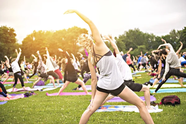 Große Gruppe von Erwachsenen nimmt an einem Yoga-Kurs im Park teil — Stockfoto