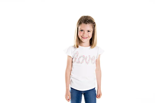 Portrait of a cute 7 years old girl Isolated over white background — Stock Photo, Image