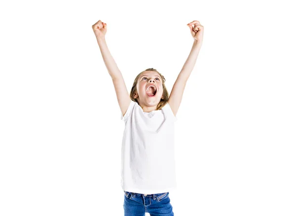 Portrait of a cute 7 years old girl Isolated over white background show her strength — Stock Photo, Image