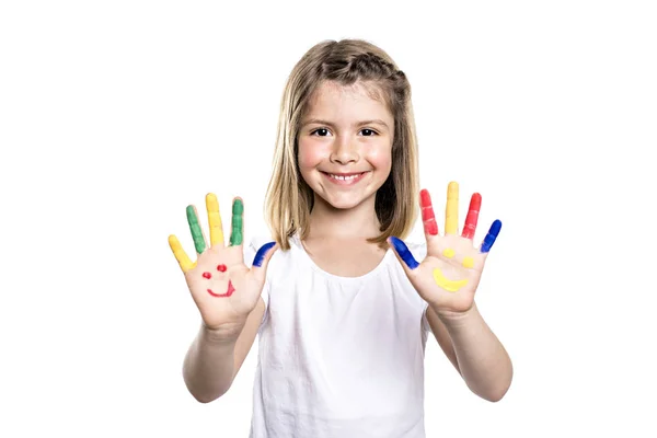Uma Menina Sorridente Com Palmas Das Mãos Pintadas Por Uma — Fotografia de Stock