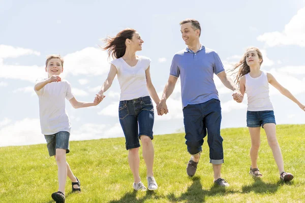 Família de quatro ao ar livre em um campo se divertindo — Fotografia de Stock