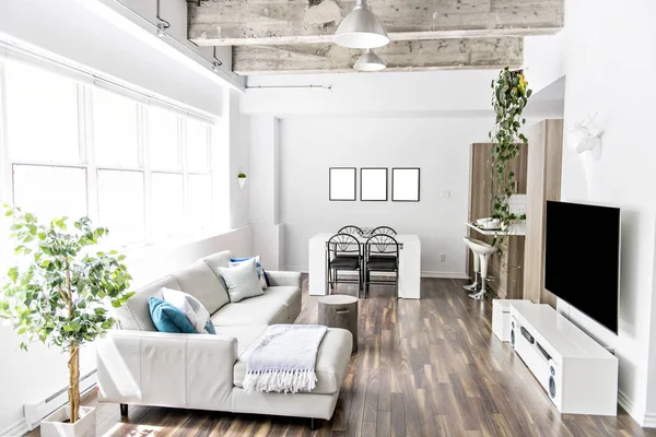 Lägenhet med stora fönster, soffa, bord tv och concreate tak — Stockfoto