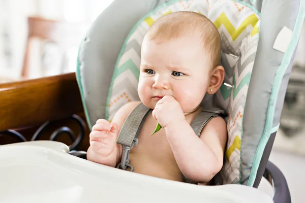 Niña sentada en silla alta lista para comer — Foto de Stock