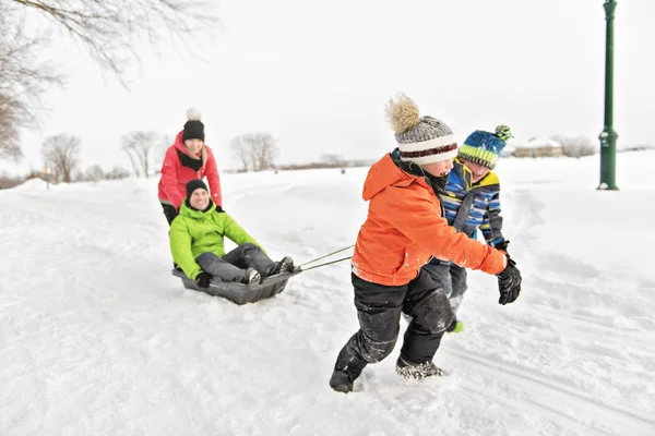 Junge zieht Schlitten durch verschneite Landschaft — Stockfoto