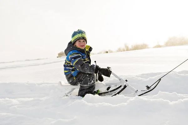 A nice boy enjoying sleigh ride during sunset Stock Image