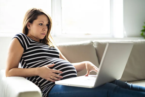 沙发上躺着一张美丽孕妇用笔记本电脑的画像 — 图库照片