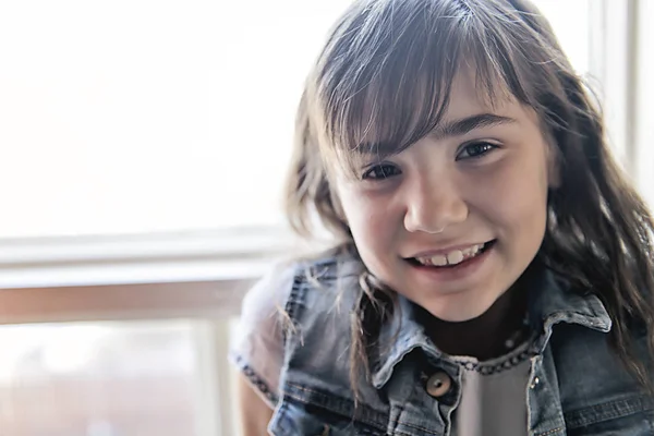 Portrait Cute Little Girl Close Window — Stok Foto